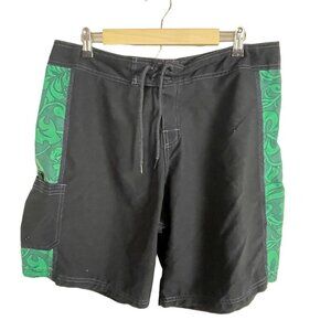 Vintage Happy Shirts Board Shorts‎ USA Hawaiian Blue Paisley Green Panel Sz 36